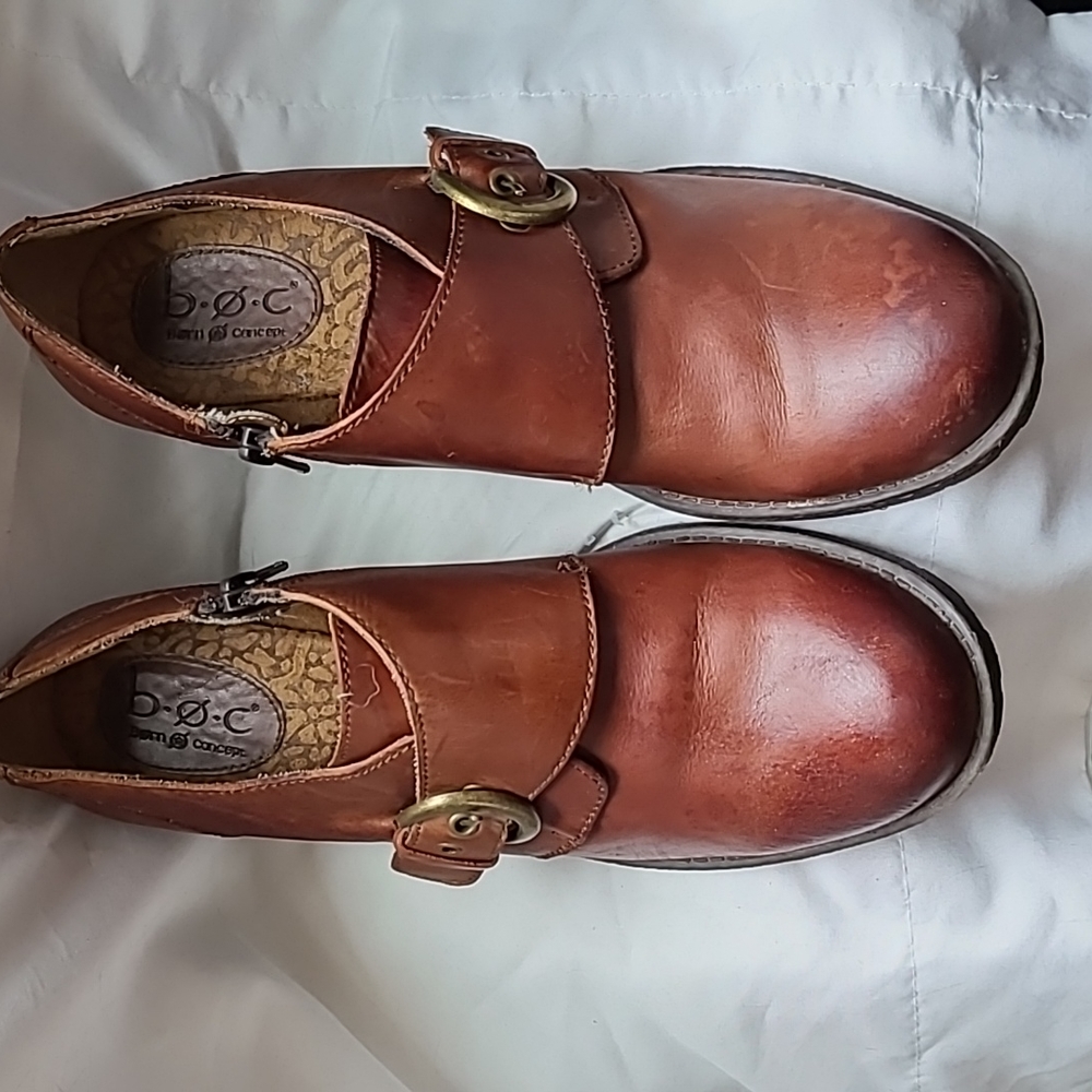 B.O.C. Women's Brown Leather Strap/Side Zip Heel Shoes